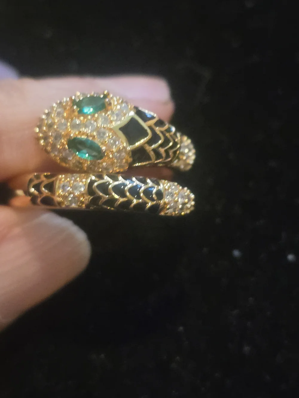 22kgp Duabi Jewelry- Gold Tone Snake Wrap Ring with Green Stone Eyes